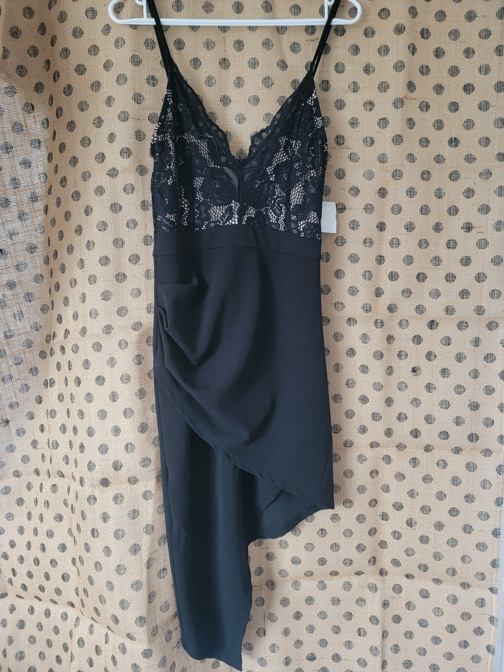 Revamped Black Asymmetrical Lace Slip Dress